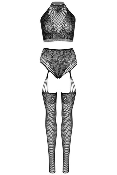 Еротичний комплект Leg Avenue Crop top and garter panty Black топ трусики з доступом панчохи чорний колір