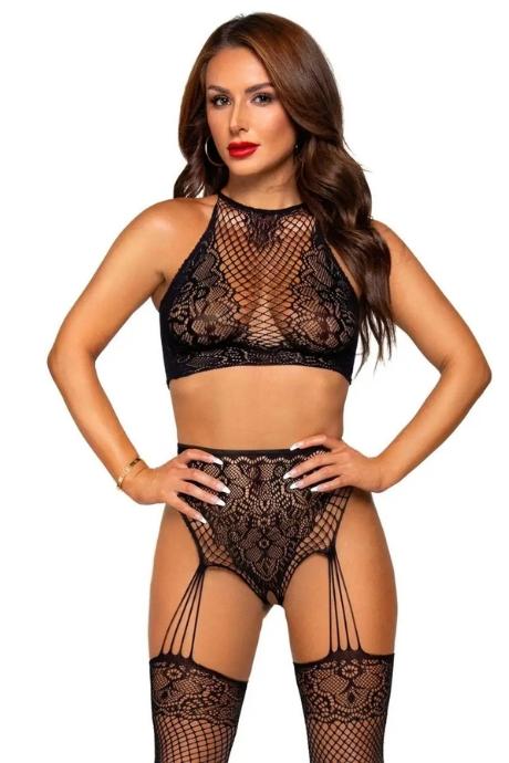 Еротичний комплект Leg Avenue Crop top and garter panty Black топ трусики з доступом панчохи чорний колір