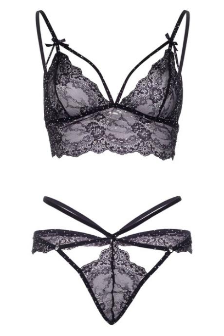 Еротичний комплект зі стрепами та стразами Leg Avenue Ready Or Not Black бра + стрінги чорний колір