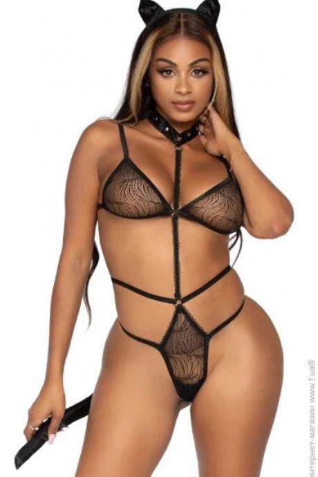 Эротический костюм кошки Leg Avenue Roleplay Sex Kitten One size Black боди ушки чокер