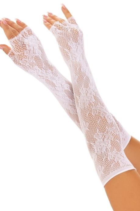Мітенки Leg Avenue Lace Opera Length Fingerless Gloves білі ажурні довжина вище ліктя білий колір
