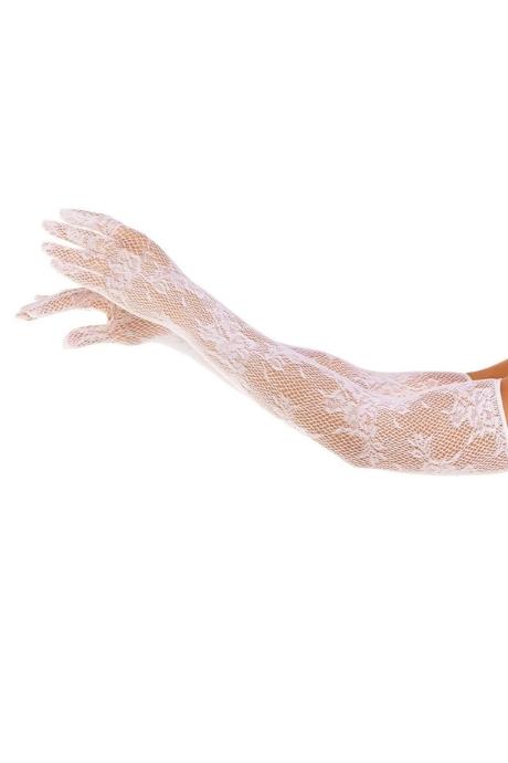 Рукавички Leg Avenue Lace Opera Length Gloves One Size білі вище ліктя сітка з квітковим візерунком білий колір