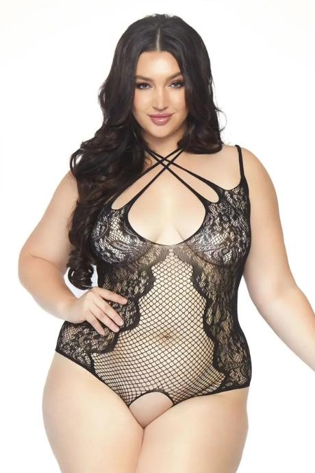 SO8609 Тедди с открытым доступом Leg Avenue Net and lace crotchless teddy 1X–2X Black шнуровка на с