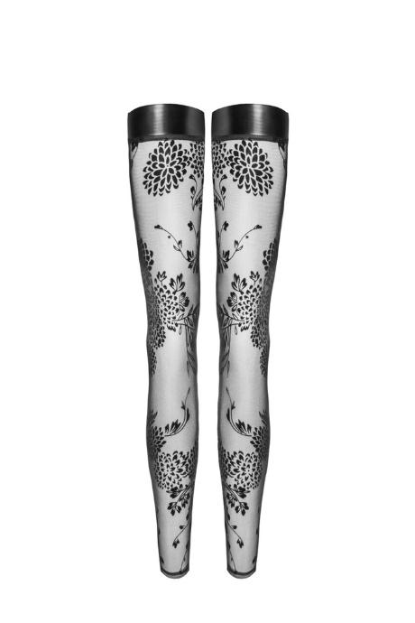 Панчохи без миска Noir Handmade F243 Tulle stockings with patterned flock embroidery чорний колір