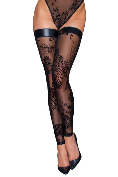 Панчохи без миска Noir Handmade F243 Tulle stockings with patterned flock embroidery чорний колір