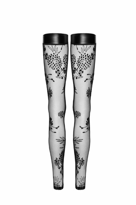 Панчохи без миска Noir Handmade F243 Tulle stockings with patterned flock embroidery чорний колір