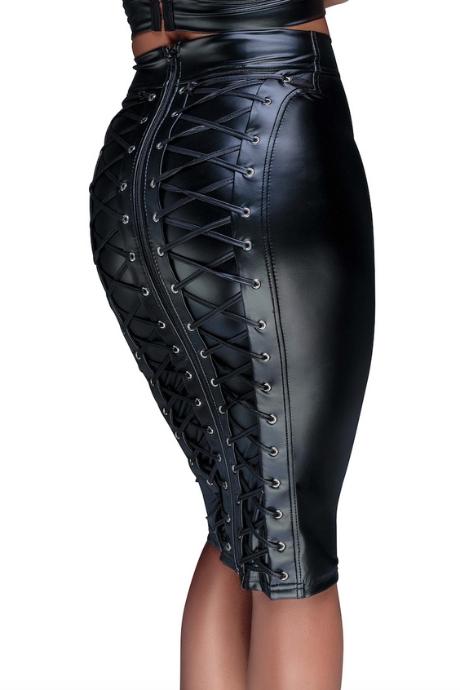 Спідниця-олівець зі шнурівкою Noir Handmade F152 Powerwetlook pencil skirt з мокрим ефектом чорний колір