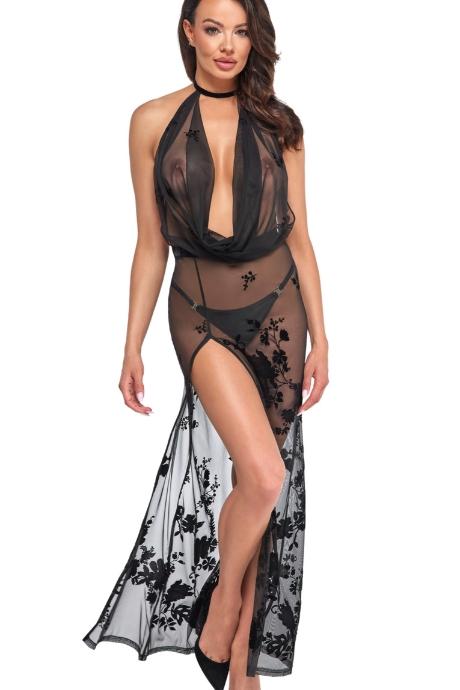 Сукня Noir Handmade F312 Divinity black прозора в підлогу відкрита спина розріз збоку чорний колір