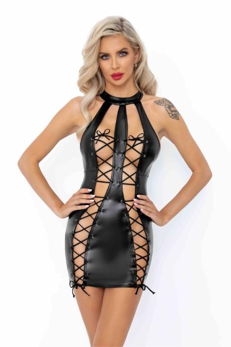Сукня з мокрим ефектом Noir Handmade F291 Powerwetlook dress with double lace-up front чорний колір
