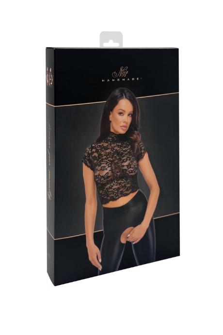 Топ Noir Handmade F303 Essence black мереживний короткий рукав комір-стійка чорний колір