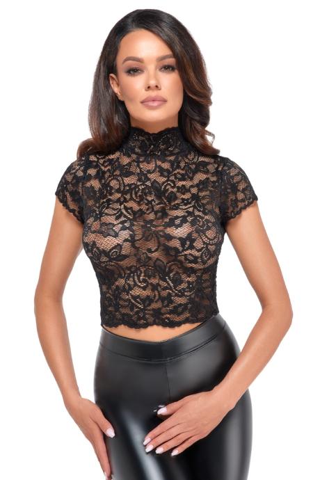Топ Noir Handmade F303 Essence black мереживний короткий рукав комір-стійка чорний колір