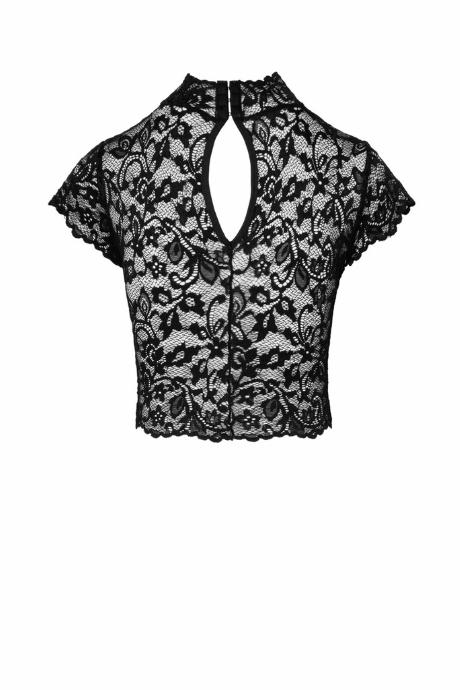 Топ Noir Handmade F303 Essence black мереживний короткий рукав комір-стійка чорний колір
