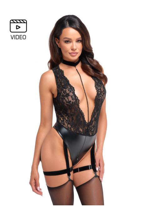 Боді Noir Handmade F297 Libido чорне мереживо низ під еко шкіра відкритий доступ гартери