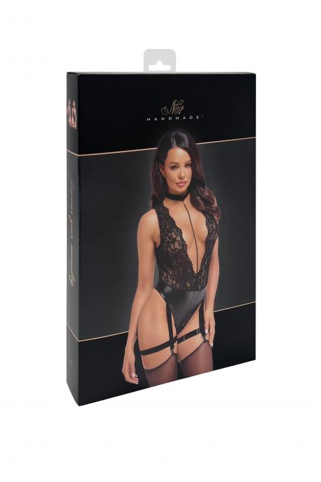 Боді Noir Handmade F297 Libido чорне мереживо низ під еко шкіра відкритий доступ гартери