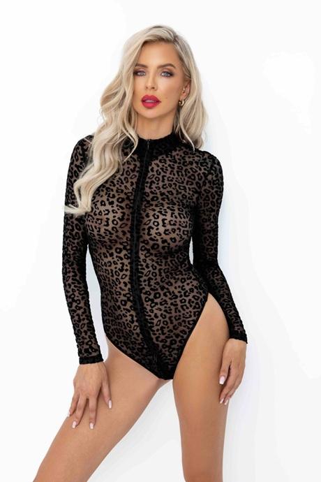 Боди под леопард Noir Handmade F287 Leopard flock bodysuit with long sleeves длинный рукав