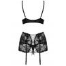 Жіноча білизна Комплект Obsessive PEONESIA SET bra garter belt thong Чорний