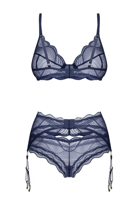 Жіноча білизна Комплект Obsessive NIGHTLY BLUE SET bra garter belt & panties Синій