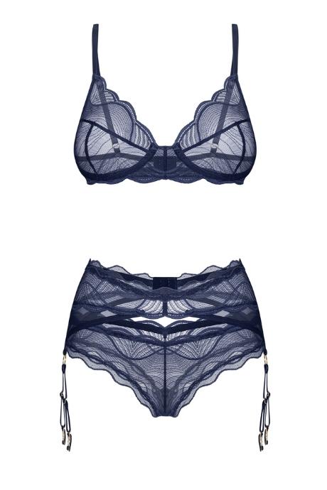 Жіноча білизна Комплект Obsessive NIGHTLY BLUE SET bra garter belt & panties Синій