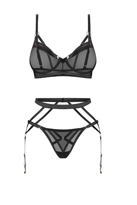 Жіноча білизна Комплект Obsessive EURIDIA SET bra garter belt & thong Чорний