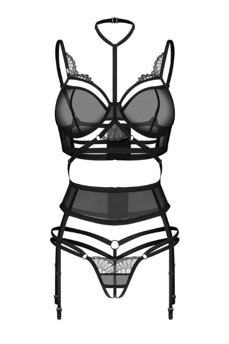 Жіноча білизна Комплект Obsessive PREMISIS SET bra crot thong & garter Чорний колір