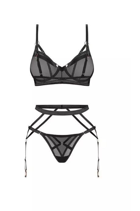 Жіноча білизна Комплект Obsessive EURIDIA SET bra garter belt & thong Чорний