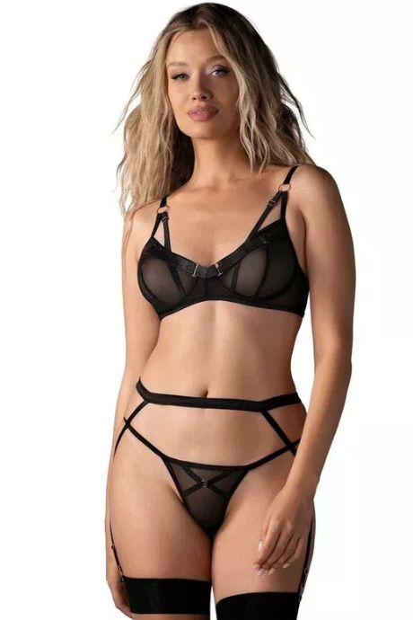 Жіноча білизна Комплект Obsessive EURIDIA SET bra garter belt & thong Чорний