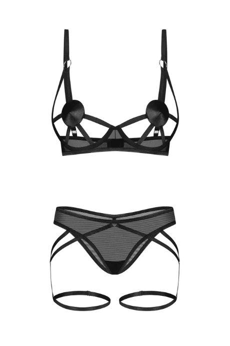 Жіноча білизна Комплект Obsessive EURIDIA SET cup bra & thong with belts Чорний
