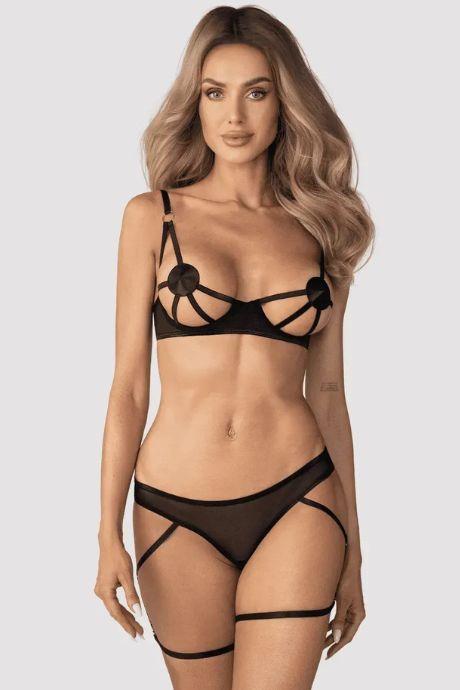 Жіноча білизна Комплект Obsessive EURIDIA SET cup bra & thong with belts Чорний