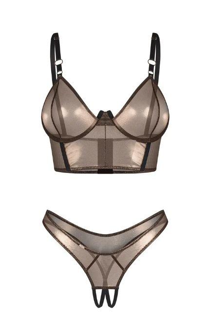 Жіноча білизна Комплект Obsessive SORANNA SET TOP & crot thong Чорно-золотий