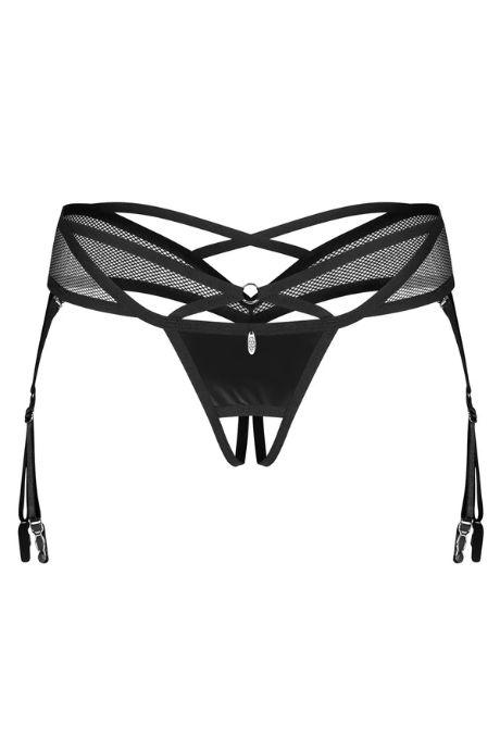 Жіноча білизна Стрінги Obsessive DOMINNA latex detachable garters & crot thong Чорний колір