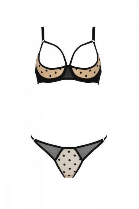 Еротичний комплект Passion MARINA SET WITH OPEN BRA beige відкриті чашки бежевий колір