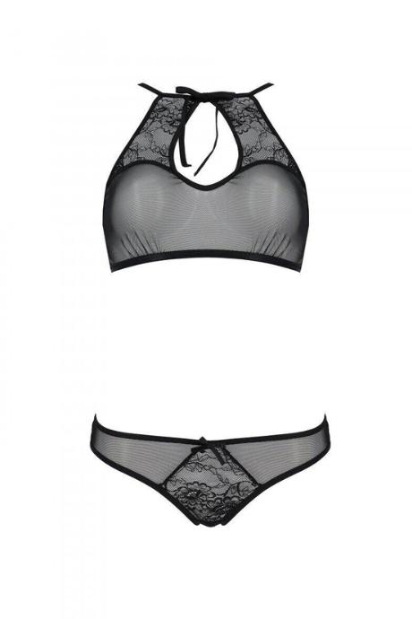 Комплект: бра трусики с ажурным декором и открытым шагом Passion URSULA SET black