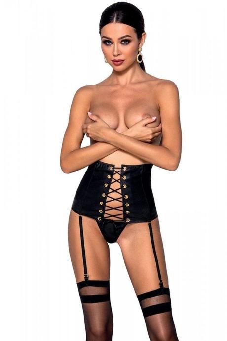 Пояс-корсет из экокожи Passion CELINE SET black шнуровка съемные пажи для чулок стринги