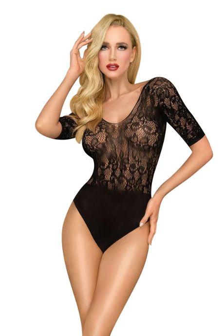 Боді Penthouse All The Way Black відкрита спинка рукава низ у вигляді високих трусиків танга чорний колір