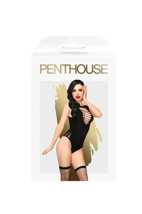 Боди Penthouse Hotter Than Hell Black непрозрачное вырезы декольте имитация шнуровки чулки
