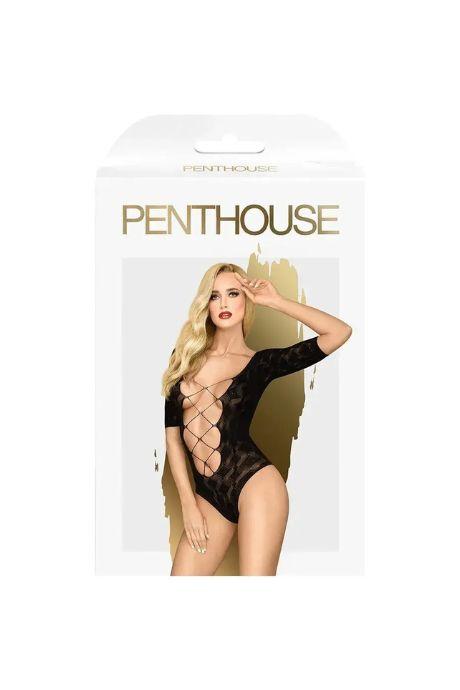 Боди Penthouse Salute Me Black имитация шнуровки на спине и декольте геометрическое плетение