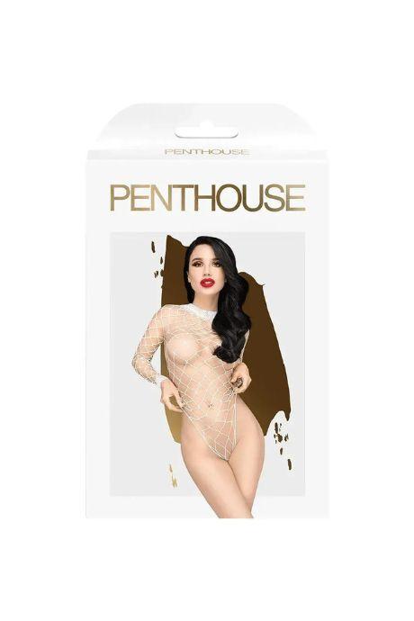Боди Penthouse Scandalous White крупная сетка высокий воротник длинные рукава