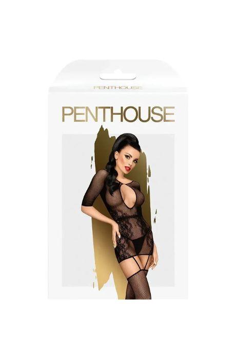 Бодістокінг Penthouse High stakes Black міні-сукня квітковий декор глибоке декольте панчохи чорний колір
