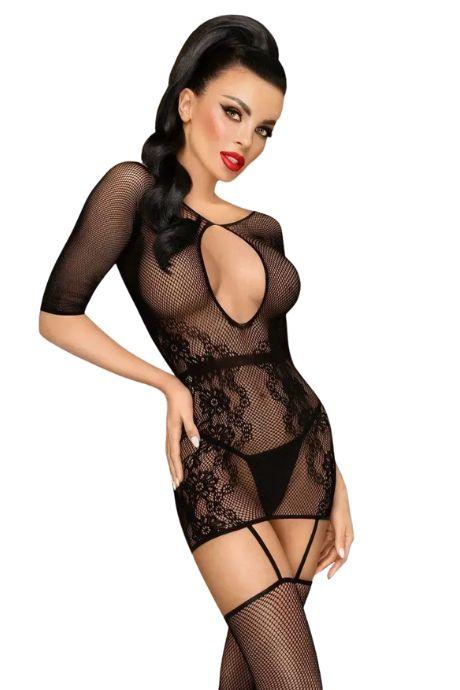 Бодістокінг Penthouse High stakes Black міні-сукня квітковий декор глибоке декольте панчохи чорний колір