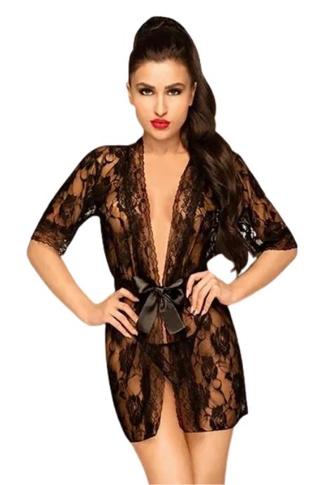 Комплект пеньюар з декором у вигляді троянд та стрінгами Penthouse - Sweet Retreat Black колір