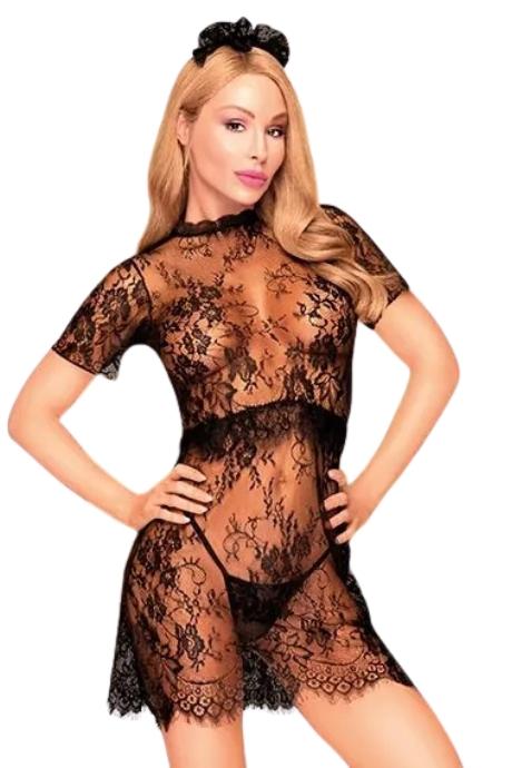 Комплект плаття з баскою прикрасою та стрінгами Penthouse - Poison Cookie Black колір