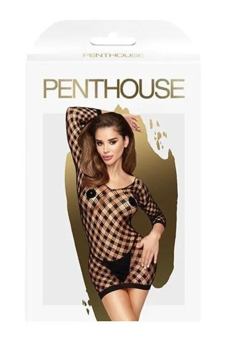 Мини-платье из геометрической сеточки с длинными рукавами Penthouse - Passion Goddess Black