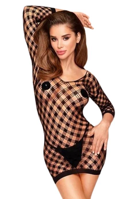 Мини-платье из геометрической сеточки с длинными рукавами Penthouse - Passion Goddess Black