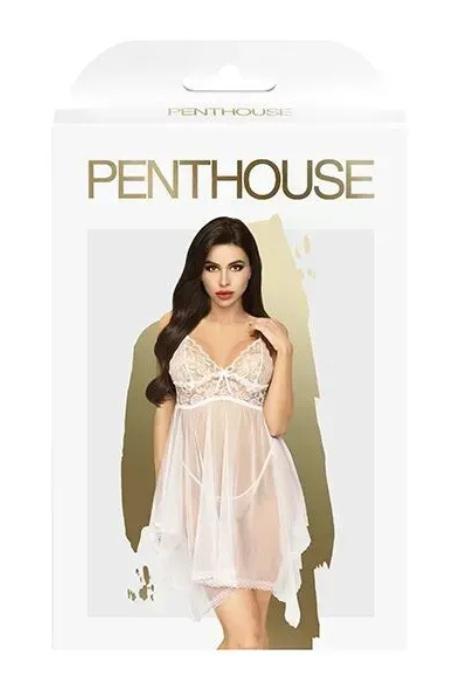 Бэби-долл с ажурным браллетом и ассиметричным подолом Penthouse - Naughty Doll White